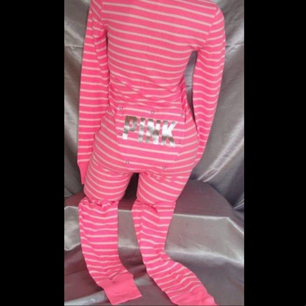 Victoria secret pink onesie striped white gold bum flap waffle knit long John